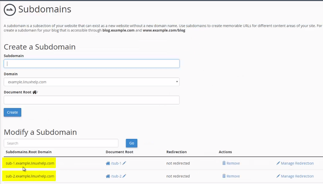 created subdomains