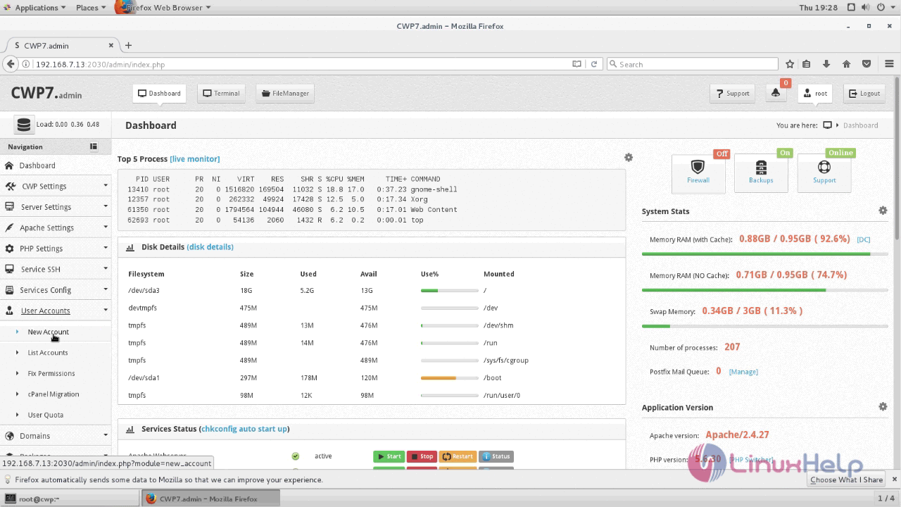 CentOS web panel dashboard