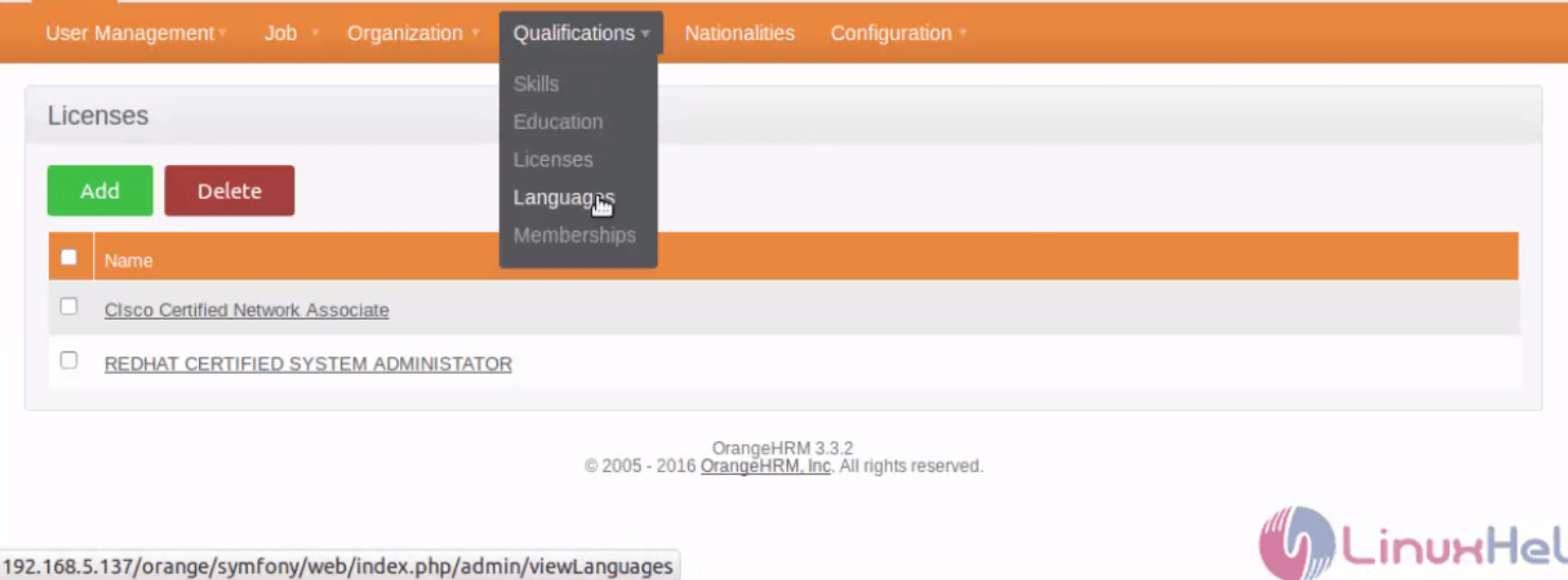 Configure-Organization-Qualifications-fields-OrangeHRM-Language_option