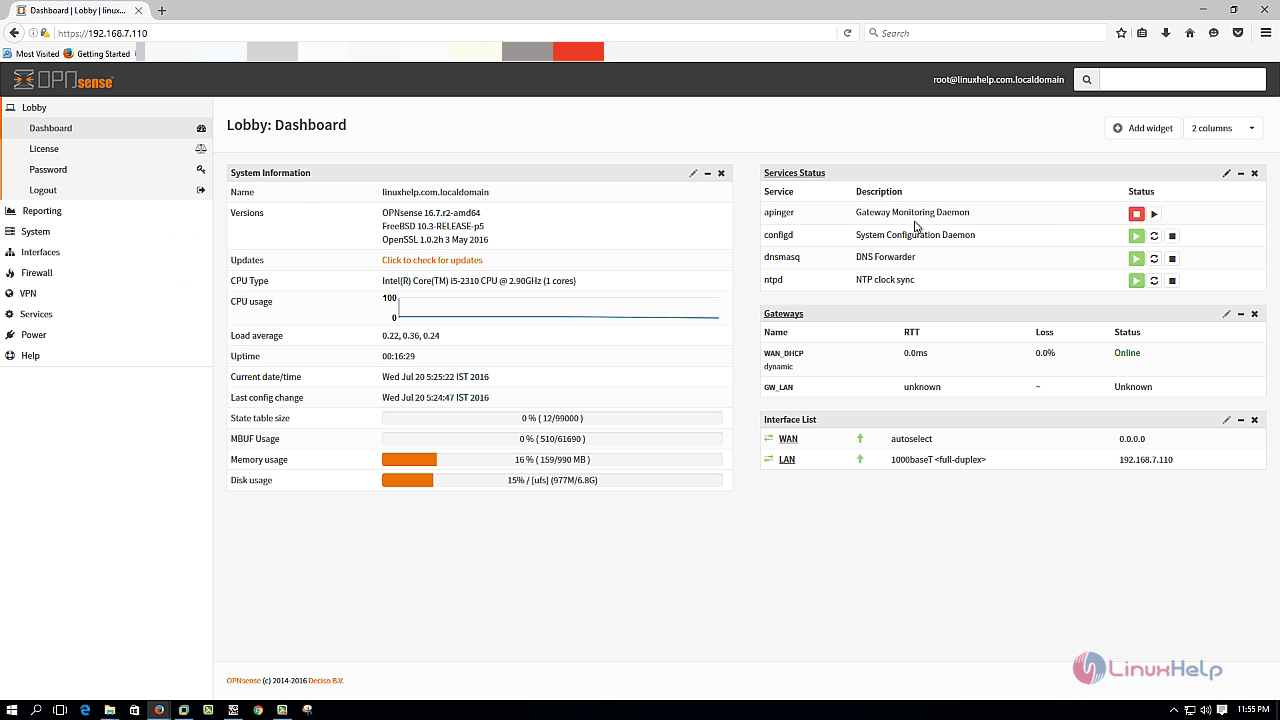 Installation-OPNsense-firewall-routing-platform-Linux-lobby-dashboard