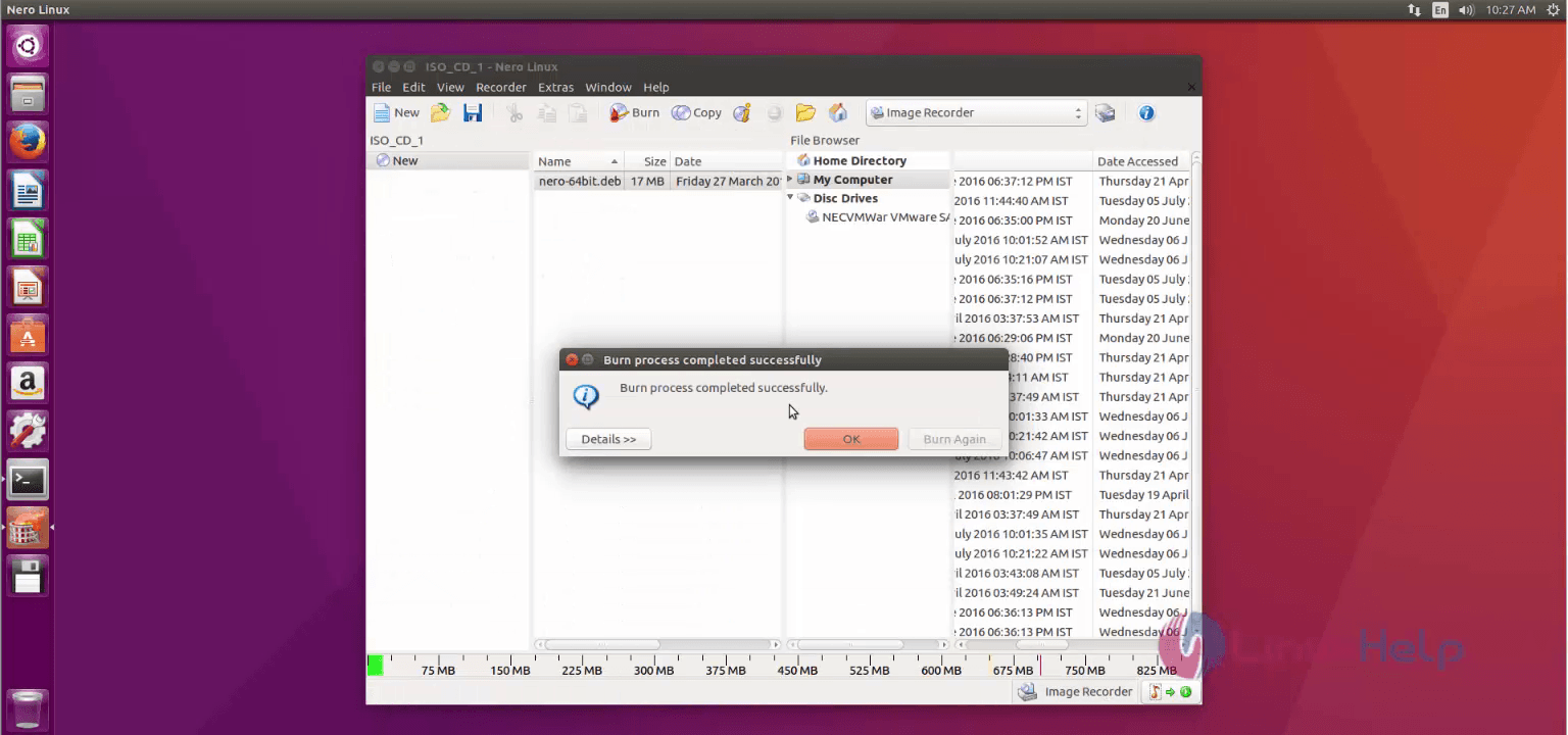 Installation-Nero-optical-authoring-software-Ubuntu16.04-Burn-process-completed