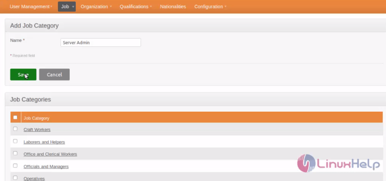 configuration-OrangeHRM-Creating-employee-Adding-employee-details-Job-Management-details-add-job-category