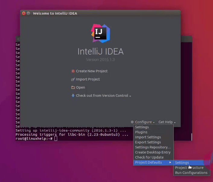 install-intelliJ-IDEA-integrated-development-environment-IDE-for-Java-Ubuntu16.04-welcome-page-Settings