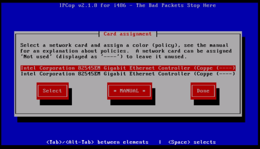 Installation-IPCop-manages-firewall-appliance-Linux-net-filter-framework-Choose-network-card